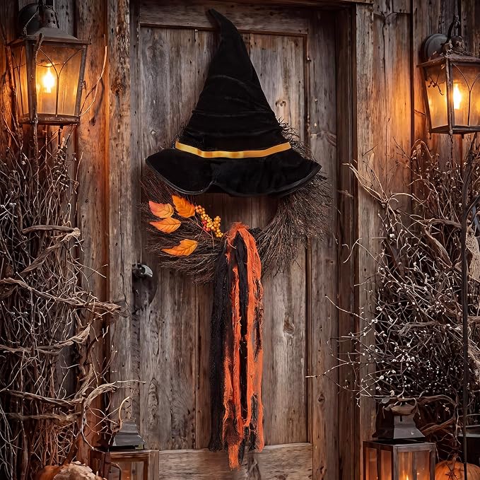 Lineshading Halloween Wreath for Front Door Witch Hat Wreath Decor 16x27.5 - skull wreath