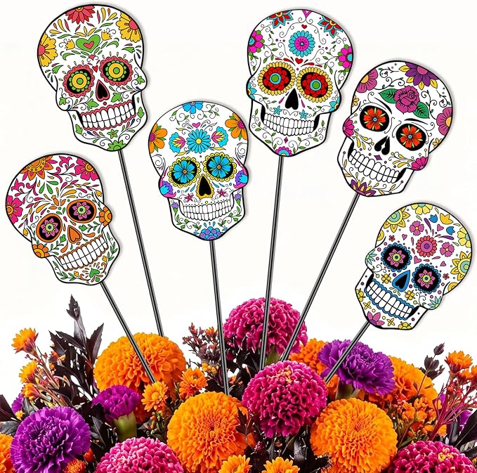 6 Pcs 12 Inch Day of The Dead Sugar Skull Halloween Garden Stakes - skull figurine