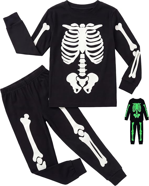 Giggling Getup Halloween Skeleton Pajamas Kids, 100% Cotton Glow in the Dark Skeleton Pajamas for Toddler 3T–8Y Cosplay - skeleton