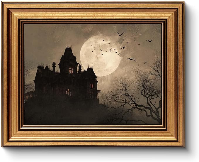 Gothic Foggy Hill Haunted Manor Framed Canvas Wall Decor,8×10 Inch Art