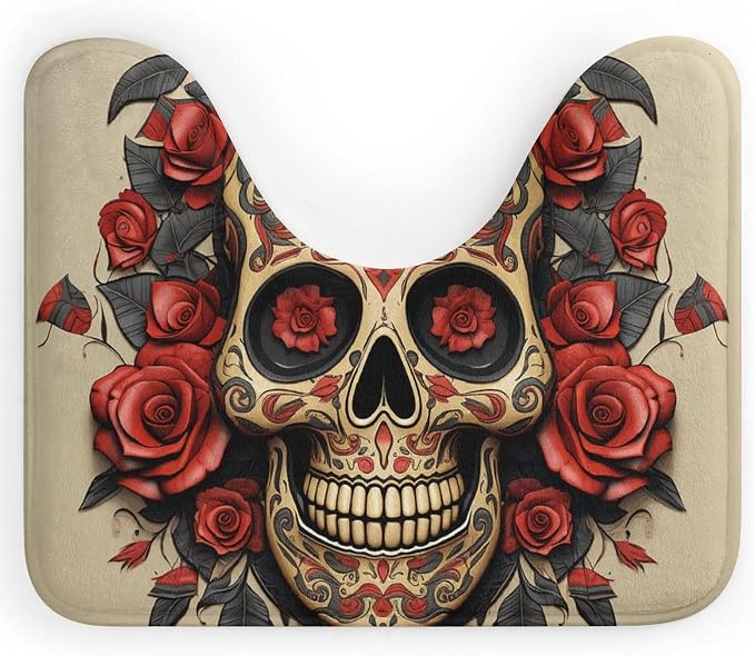 Red Rose Sugar Skull Toilet Rugs U Shaped Washable 20"x16" - Coral Fleece Contour Bathroom Rug Non Slip PVC Backing, Soft Absorbent Bath Mat Easy to Clean Toilet Mat for Sink Vanity - skull toilet mat