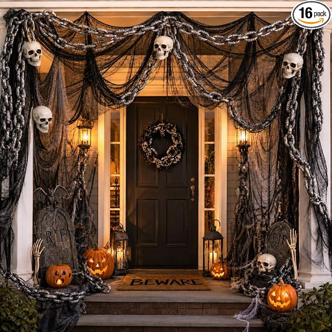 Blueweenly 16 Pcs Creppy Halloween Porch Decor with Skulls Chains Cloth - string light