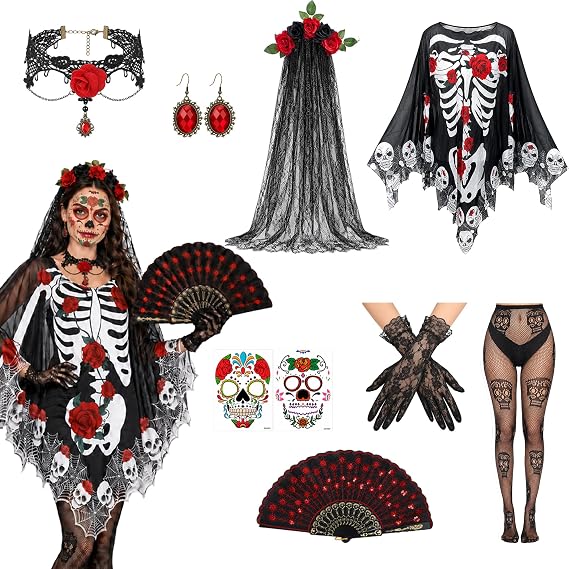 9 Pcs Day of The Dead Costume Cape Set, Halloween Skeleton Poncho Accessory - sugar skull costume