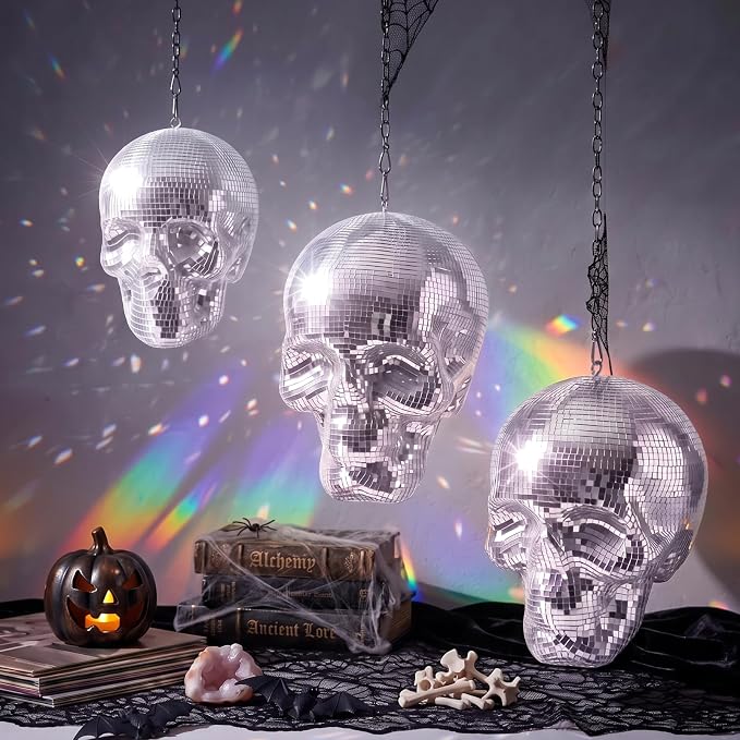 Mifoci 3 Pack Halloween Disco Skull Decor Hanging Skeleton Disco Ball