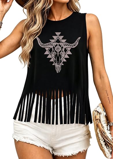 Western Cowgirl Tank Top Women Fringe Country Concert Sleeveless Tees - skull tank tops