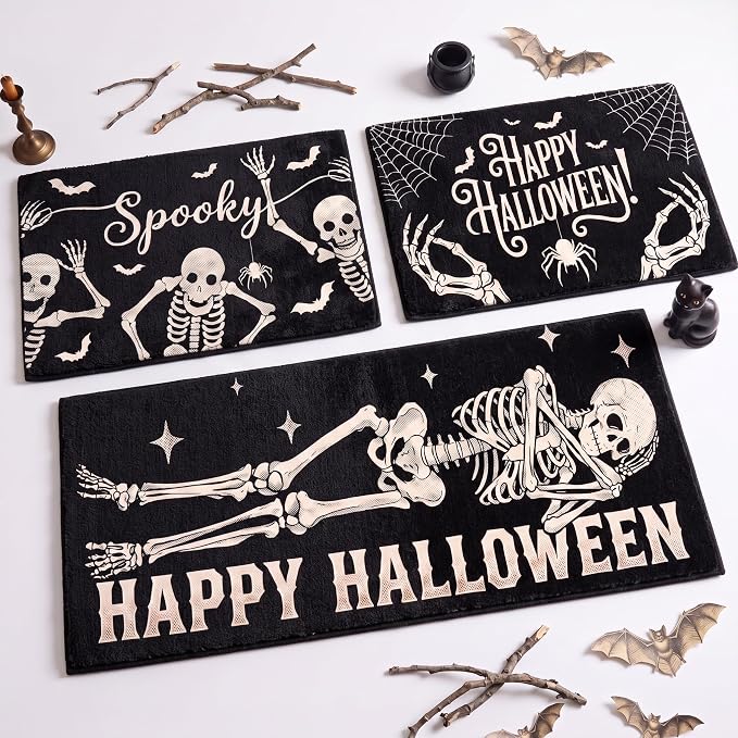 Tinideya 3 Pcs Halloween Kitchen Rugs Skeleton Non Slip Washable Floor Mats - skull floor mat