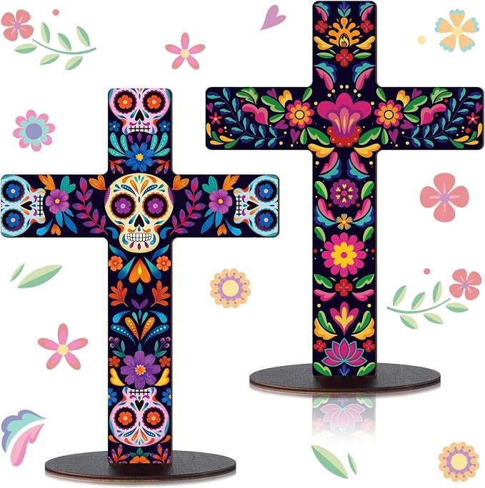 Pinkunn 2 Pcs Day of The Dead Cross Decor, Floral Skeleton - skull painting