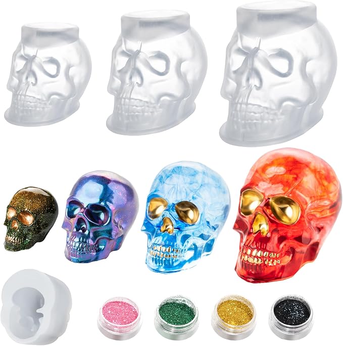 HeyClear 3D Skull Resin Molds Silicone, 4 PCS Epoxy Resin Molds for Crafts - skull ashtray