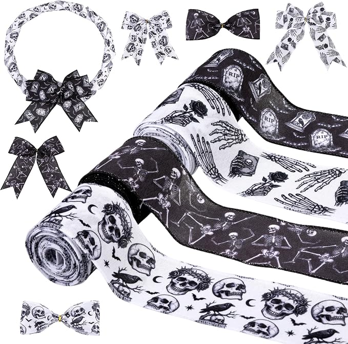 Halloween Gothic Wired Edge Ribbons 4 Rolls 20 Yard, Black White Skull Skeleton Tombstone Ribbon Bundle for Wreath Bow Gift Wrapping Party Home Door Decorations DIY Craft Kits - skull wreath