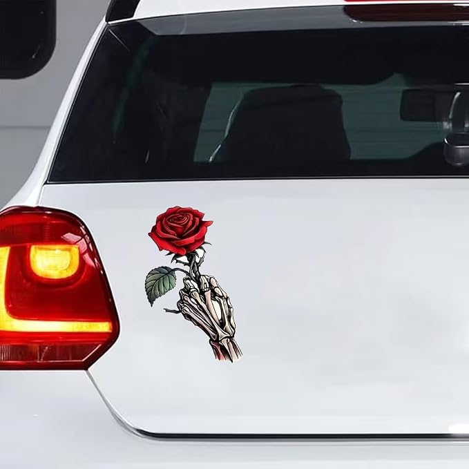 Skeleton Hand Holding Rose Car Sticker, Vinyl, Waterproof, 4x6 in, Gothic Decal for Bumper, Laptop, Glass, 2 Pack,#CA-045 - skull sticker
