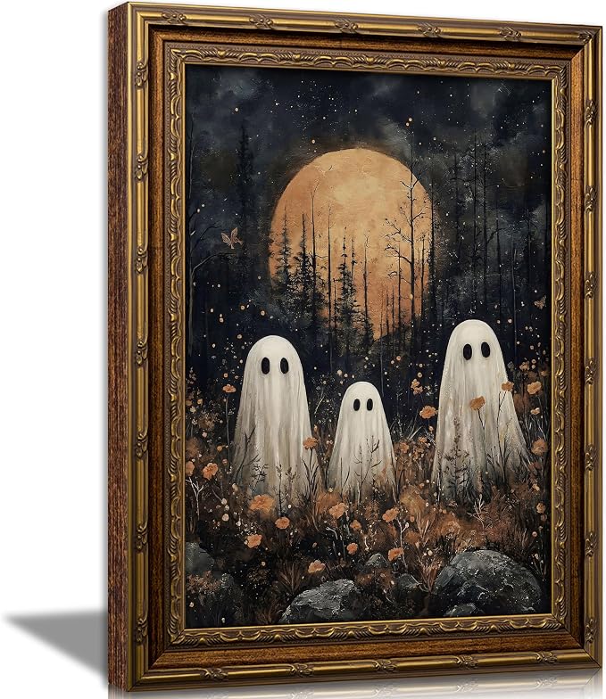 Vintage Gold Framed Ghost Wall Art, Gothic Horror Forest Poster Artwork - skull wall art
