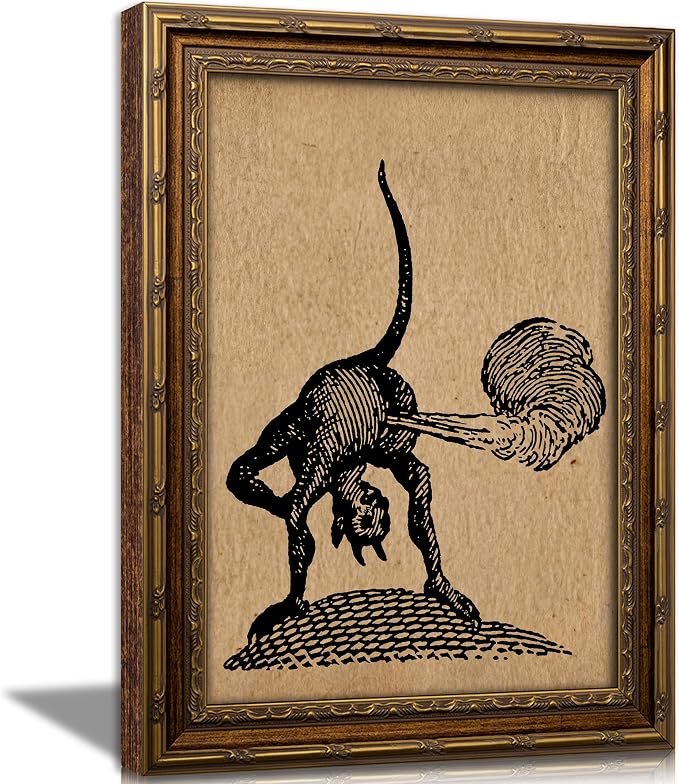 Vintage Gold Framed Gothic Wall Art, Spooky Humor Demon Canvas Prints, Dark Academia Wall Decor, Halloween Poster, Funny Horror Devil Fart Weird Aesthetic Artwork for Bedroom Living Room