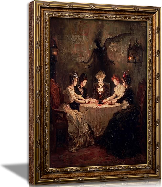 Vintage Gold Framed Gothic Wall Art, Victorian Seance Witch Oil Painting Canvas Prints, Dark Academia Halloween Wall Decor, Spooky Witchcraft Poster, Undead Ghosts Artwork for Bedroom Living Room