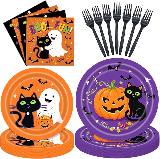 96 Pieces Halloween Party Tableware Set – Cute Black Cat Ghost Disposable Plates, Napkins and Orange Forks for Trick or Treat, Spooky Halloween Haunted House Celebration – Serves 24 Guests - skull plate
