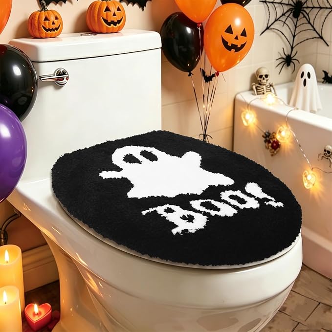 FYSUIMU Halloween Toilet Seat Cover Black White Boo Ghost Soft Toilet Lid Cover with Adjustable Rubber Backing for Bathroom Trick or Treat Holiday Party Decoration - skull toilet paper