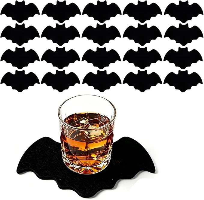 Halloween Black Bat Felt Coasters Bat Shaped Absorbent Drink Coasters Non Slip Heat Resistant Cup Mats Gothic Spooky Table Decor for Halloween Party 20 Pack - skull coaster