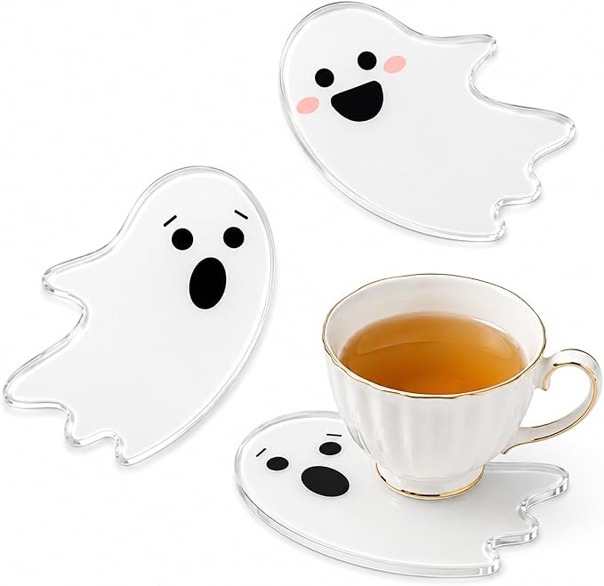 FYSUIMU 4 Pcs Halloween Coasters Acrylic Drink Coasters Boo Ghost Cup Mats for Trick or Treat Home Kitchen Party Table Protection, 3.5 x 4.7 Inch - skull coaster
