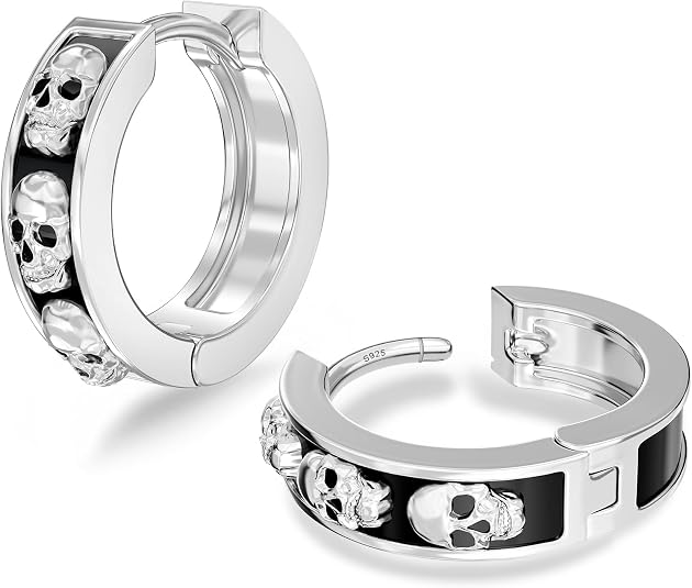 KRKC&CO Hoop Earrings Men, Black and Silver Cubic Zirconia Earring - skull jacket