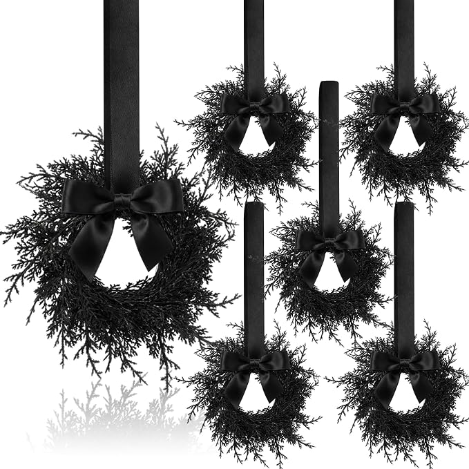 Dingion 6 Pcs 6 Inch Mini Halloween Cabinet Wreaths Black Wreath with Bow - skull wreath