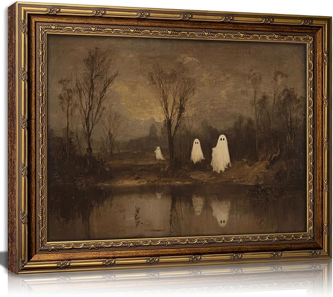 Gold Framed Vintage Ghost Landscape Wall Art, Gothic Spooky Retro Ghost Forest Canvas Print Poster, Retro Decor for Living Room Bedroom, Dark Academy Halloween Whimsical Haunted Home Decoration