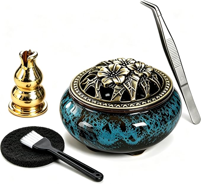 Ceramic Incense Burner with Lid, Vintage Blue Kiln Change Incense Holder Set with Brass StickHolder & Fireproof Mat, Luxury Aromatherapy Censer for Meditation Yoga Zen Home Decor Gift - skull incense burner
