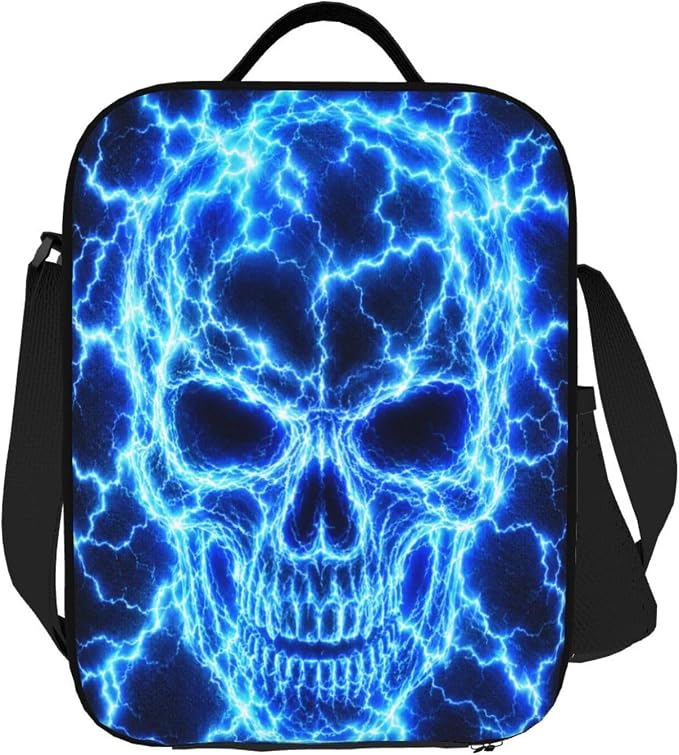 Skull Insulated Lunch Bag Women Men Lightning Pattern Theme Resistant Portable With Zipper Closure Adjustable Shoulder Strap for Work Picnic - skull suitcase
