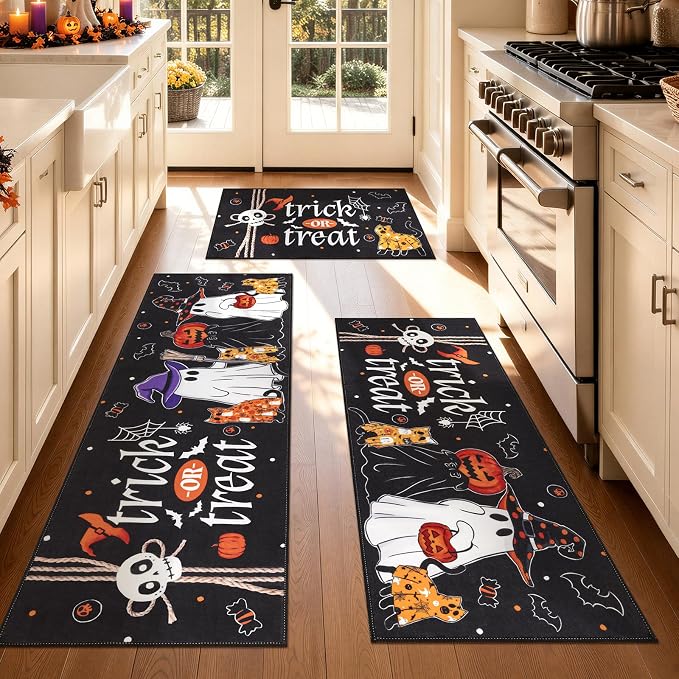 Halloween Kitchen Rugs Set of 3 Piece Washable Ghost Runner Rug - skull carpet