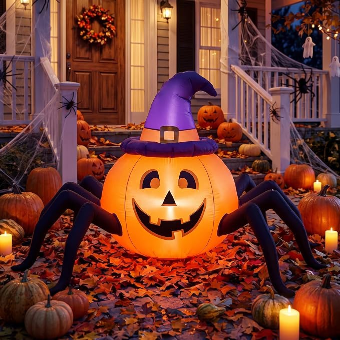 Pinkunn 7 ft Lighted Halloween Inflatable Pumpkin Spider with Witch Hat
