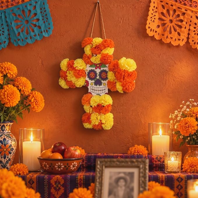 Retrowavy 14 In Dia de los Muertos Sugar Skull Door Wreath Cross Decoration - skull wreath