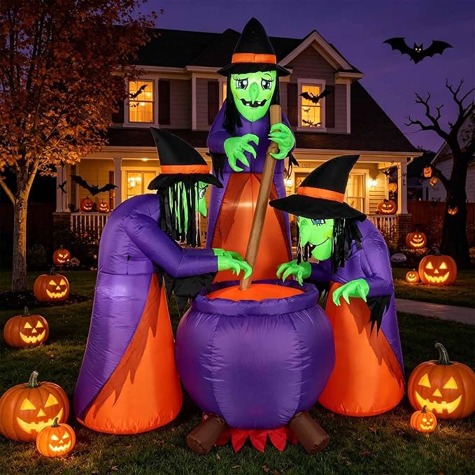 6 FT Halloween Inflatables with Built-in LEDs, Three Witches Around a Cauldron with Flame Light, Blow Up Yard Decoration for Indoor Outdoor Garden Lawn Party - skull inflatable