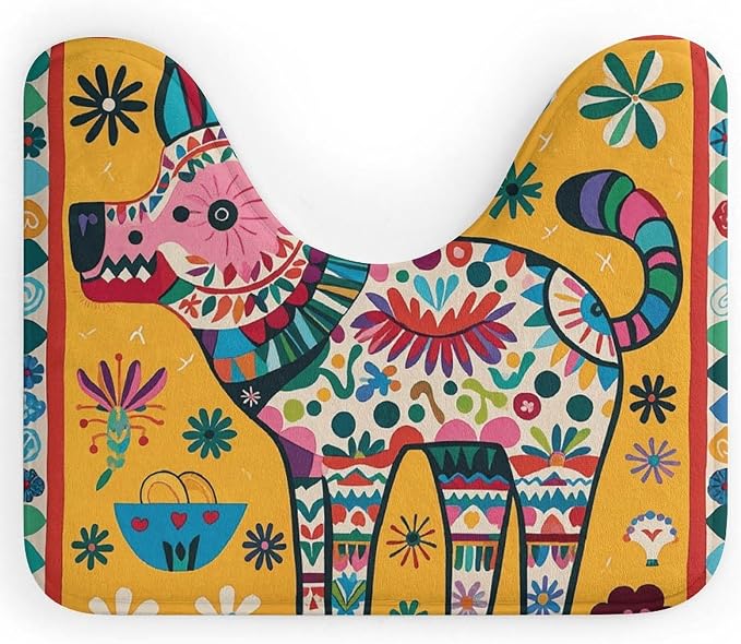 Mexican Otomi Animal Toilet Rugs U Shaped Washable 20″x16″ – Coral Fleece Contour Bathroom Rug Non Slip PVC Backing, Soft Absorbent Bath Mat Easy to Clean Toilet Mat for Sink Vanity