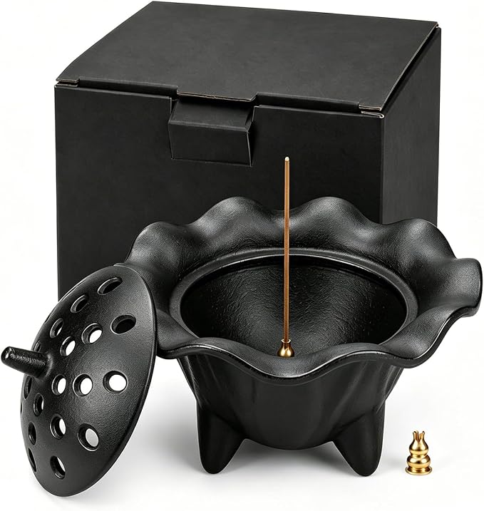 Cast Iron Incense Holder Lotus Smudge Pot for Sticks Cones Sage Palo Santo Meditation Home Witchy Decor - skull incense burner