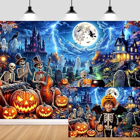 10X8fT Halloween Backdrop for Photography Horror Moon Night Skeleton Band Graveyard Background Halloween Jack-O’-Lantern Ghost Castle Spooky Skull Party Decoration Photoshoot Studio Photo Props