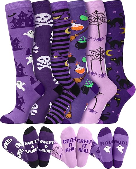 Shyyween 6 Pairs Halloween Knee High Socks for Women - sugar skull costume