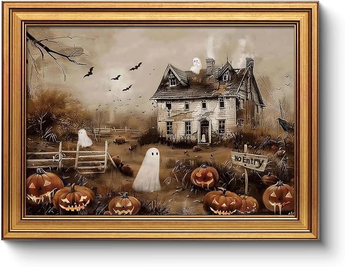 WHASAYART Vintage Glod Framed Halloween Haunted House Canvas Wall Art
