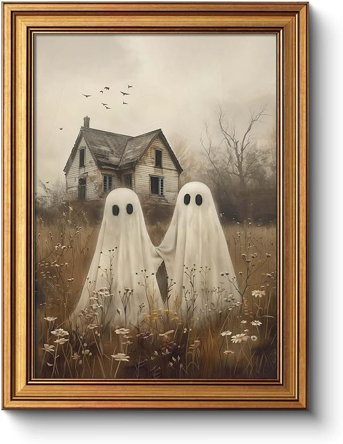 Vintage Gold Framed Cute Ghost Canvas Wall Art Halloween Room Decor - skull painting