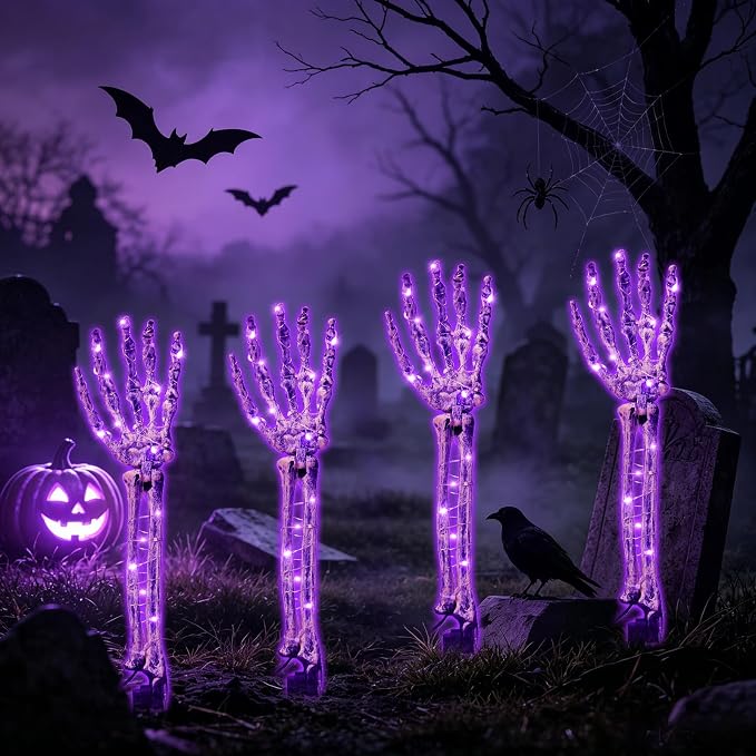 Halloween Decorations Outdoor,Solar 4 Pack Light Up Skeleton Arm Decorations,120 LED Purple & Green Lights with Remote 8 Modes,Halloween Skeleton Arm String Lights for Lighted Holiday Party Yards Lawn - string light