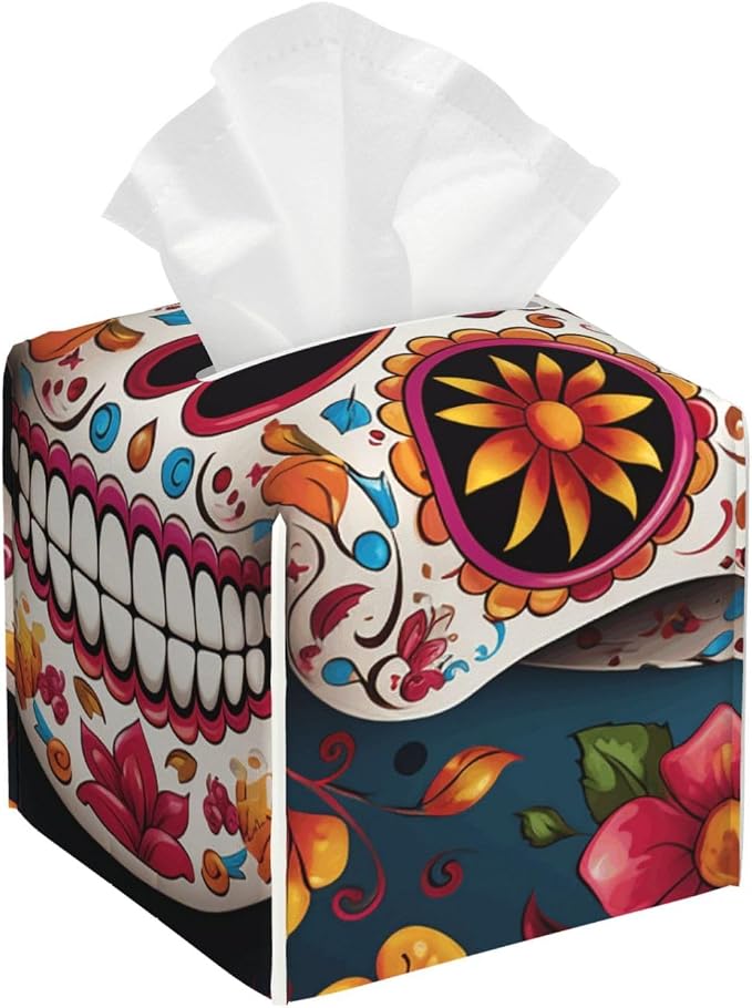Pu Leather Cube Tissue Box Holders Modern Waterproof Square Tissue Box Cover Colorful Sugar Skull Facial Paper Holder for Bathroom Kitchen Nightstand Office Home Decor - skull toilet paper