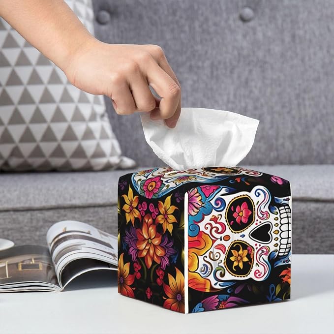 Pu Leather Cube Tissue Box Holders Modern Waterproof Square Tissue Box Cover Colorful Flower Skulls Facial Paper Holder for Bathroom Kitchen Nightstand Office Home Decor - skull toilet paper