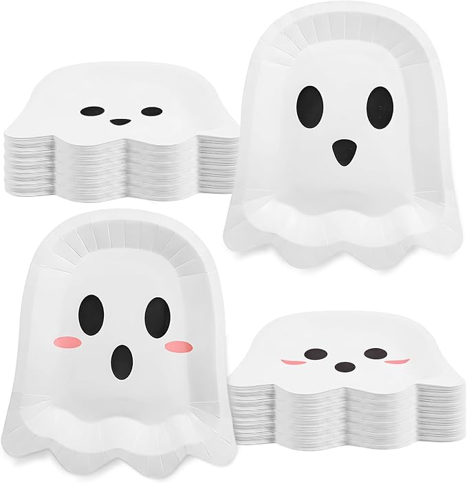FOIMAS 50 Pcs Halloween Paper Plates, 9.84 Inch Cute Ghost Disposable Plates Spooky Boo Dessert Dinner Plate Tableware for Baby Shower Halloween Party Supplies Birthday Table Decor,White - skull plate