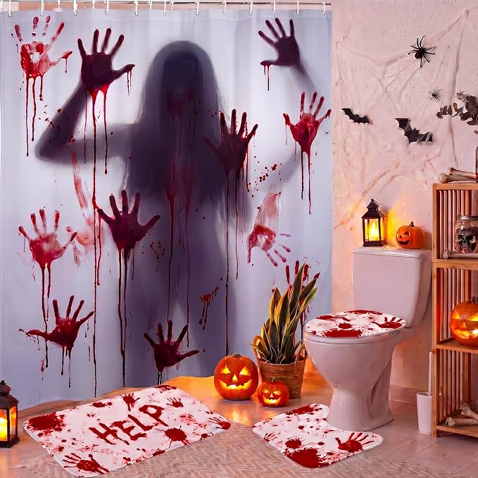 Tiamon 4 Pcs Halloween Bloody Bathroom Set Shower Curtain Rug Toilet Mats - skull toilet mat