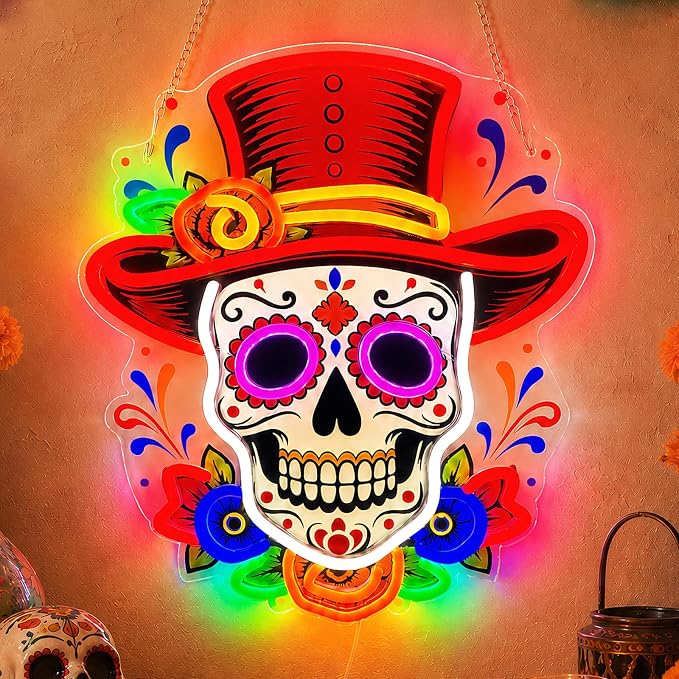 Day of the Dead Neon Sign, Mexican Sugar Skull LED Neon Light, Dimmable Día de Muertos Wall Decor for Halloween Party, Home, Bar, Window Decorations, 15 x 13 in - skull wall art