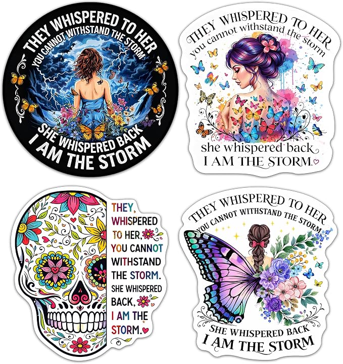 4 Pack They Whispered to Her You Cannot Withstand The Storm Stickers (3 Inches), Inspirational Quote Motivational Waterproof Vinyl Decals for Laptop, Notebook, Water Bottle, Tumbler - skull sticker