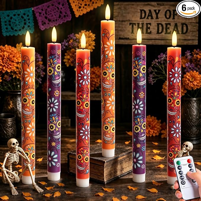 Dia de Muertos Decorations, Day of the Dead Altar, Flameless Taper Candles - skull figurine