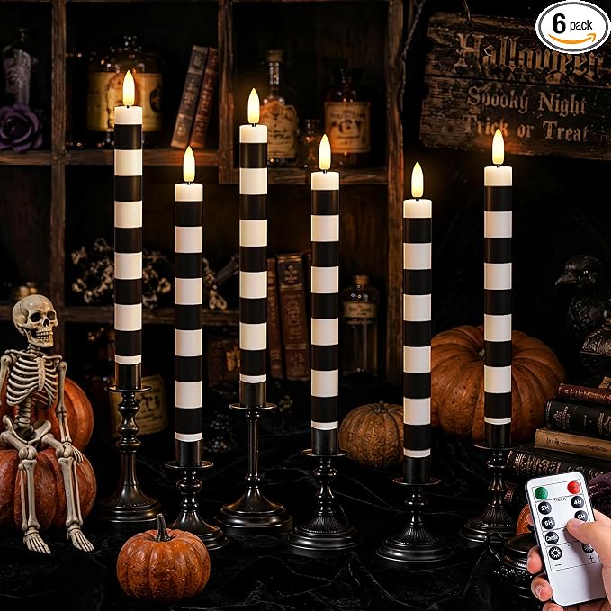 Halloween Decortions Indoor, Flameless Taper Candles, Black and White, 6Pc - skull candle