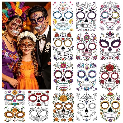 16 Sheet Day of the Dead Face Tattoos for Kids Adults Halloween Makeup Kit