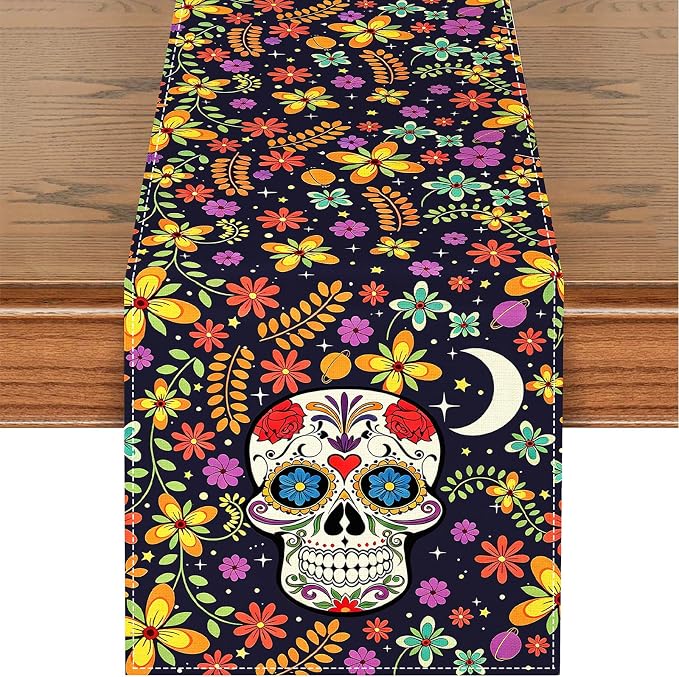 Mexican Sugar Skull Dia De Los Muertos Table Runner – Floral Day of The Dead Altar Decor Kitchen Dining Table Runner for Mexican Fiesta Halloween Home Party Decorations 13×72 Inch