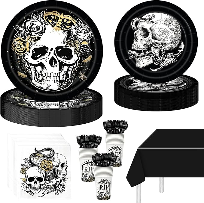 121 Pcs Gothic Halloween Party Tableware Set for 24 Guests – Black Skull Skeleton Disposable Plates, Cups, Napkins and Tablecloth for Spooky Gothic Halloween Party Decorations - skull plate
