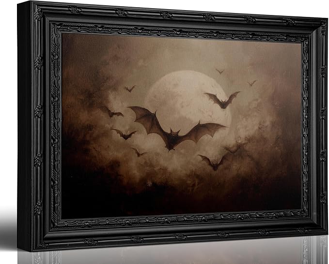Vintage Framed Gothic Bat Canvas Wall Art Moon Bats Print 9x11in