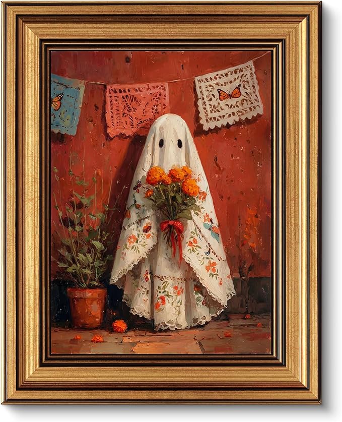 Gold Framed Wall Art Mexican Folk Art Ghost Canvas Print Cute Gothic Ghost Decor Picture Vintage Halloween Artwork for Living Room Bedroom 9x11 inch - skull wall art